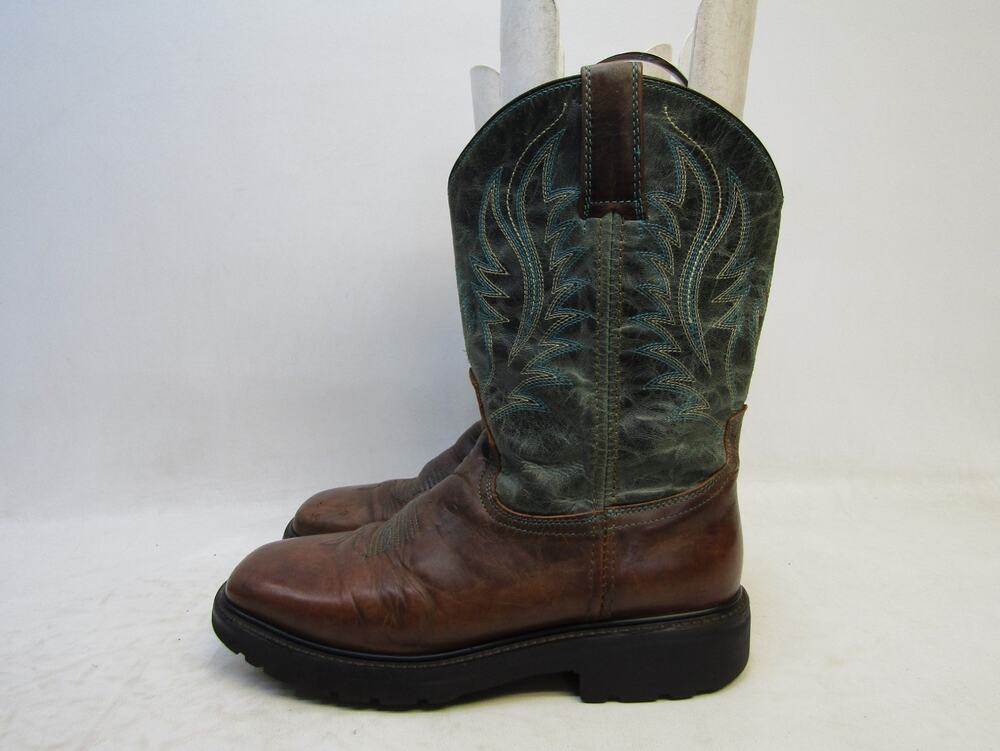 J B Dillon Mens Size 11 D Blue Brown Leather Square Toe Western Cowboy Boots